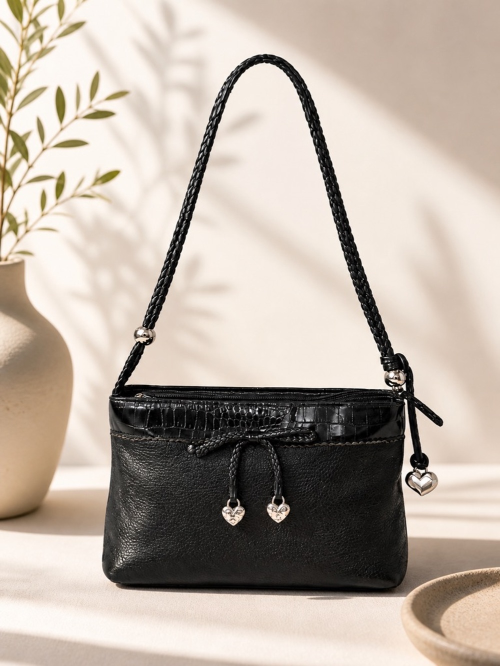 Brighton Black Leather Shoulder Bag Croc embossed structured shoulder bag